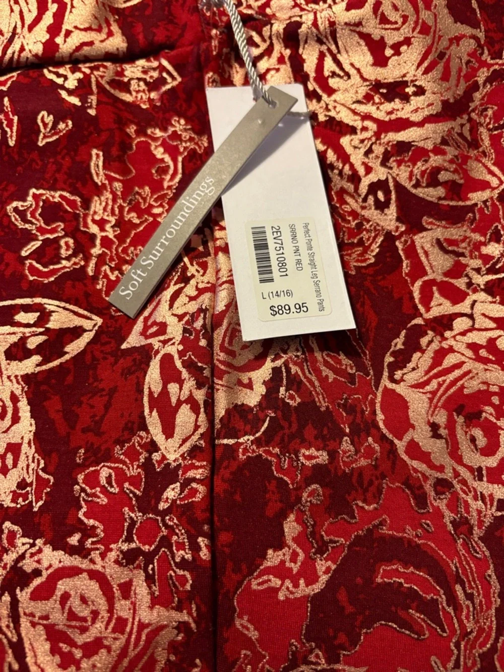 Soft Surroundings Red/Gold/Cream Floral Serrano Ponte Pants L - Picture 4 of 6